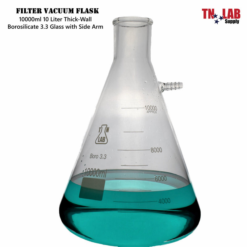TN LAB Filter Flask Vacuum Flask Buchner Flask Thick Wall Borosilicate 3.3 Glass 10000ml 10 Liters