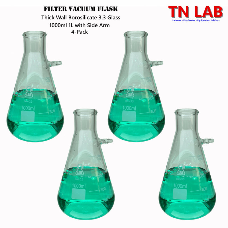 TN LAB Filter Vacuum Flask 1000ml 1L Borosilicate 3.3 Glass 4-Pack