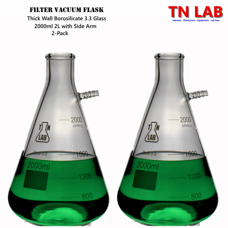 TN LAB Filter Vacuum Flask 2000ml 2L Borosilicate 3.3 Glass 2-Pack