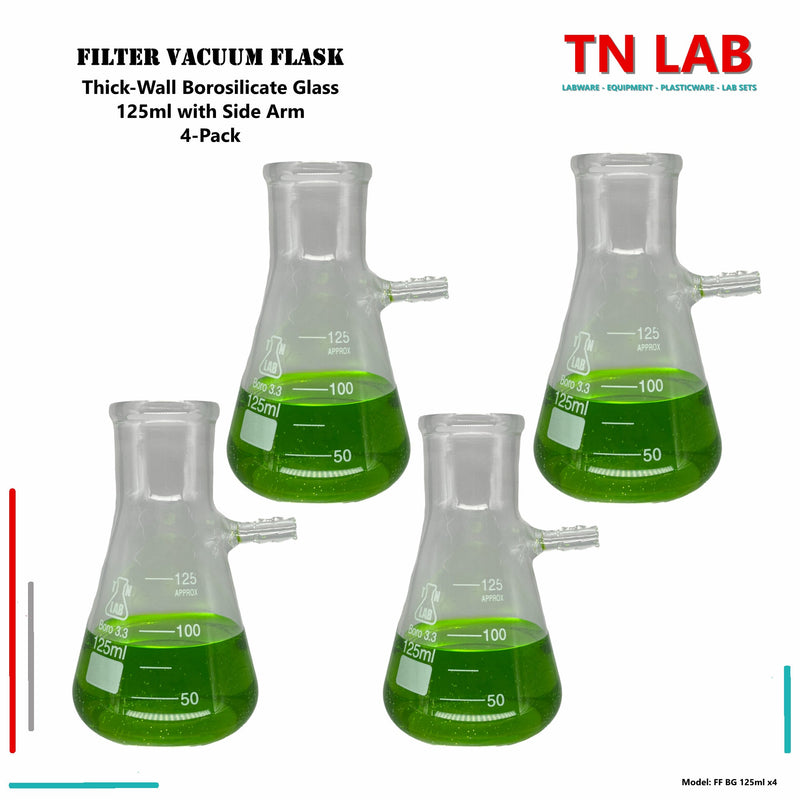 TN LAB Supply 125ml Filter Vacuum Flask with Side Arm Thick-Wall Borosilicate 3.3 Glass 125ml 4-Pack