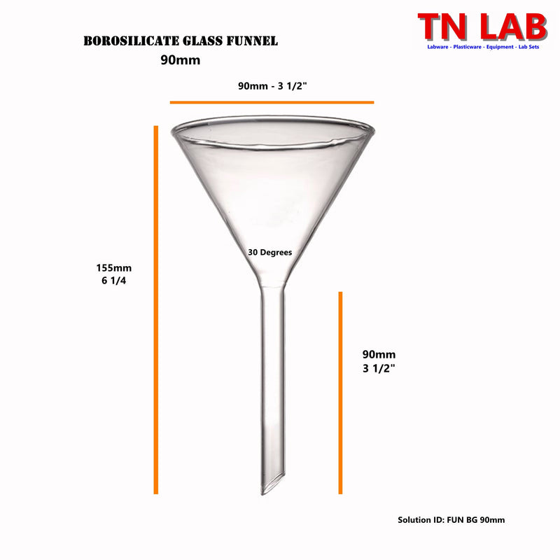 TN LAB Supply 90mm Funnel Borosilicate 3.3 Glass Dimensions