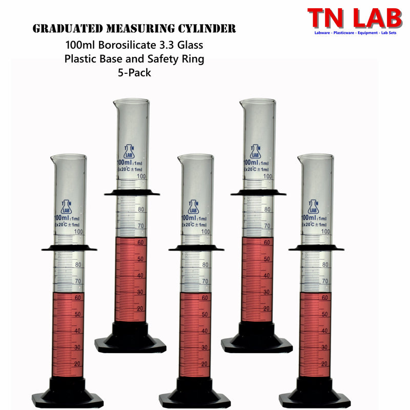 TN LAB Supply 100ml Graduated Measuring Cylinder Borosilicate 3.3 Glass 5-Pack