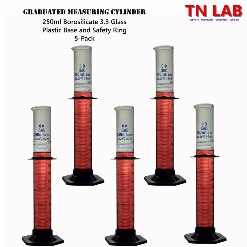 TN LAB Supply 250ml Graduated Measuring Cylinder Borosilicate 3.3 Glass 5-Pack