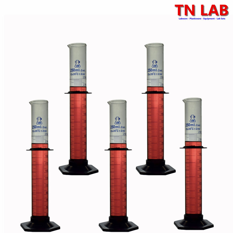 TN LAB Supply 250ml Graduated Measuring Cylinder Borosilicate 3.3 Glass 5-Pack