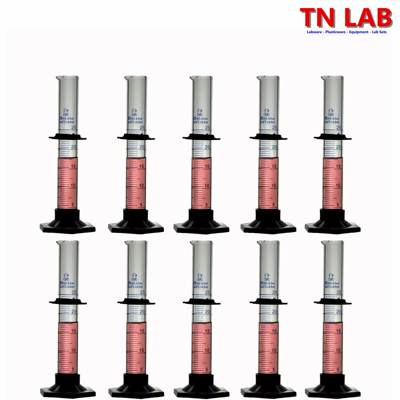 TN LAB Supply 25ml Graduated Measuring Cylinder Borosilicate 3.3 Glass 10-Pack