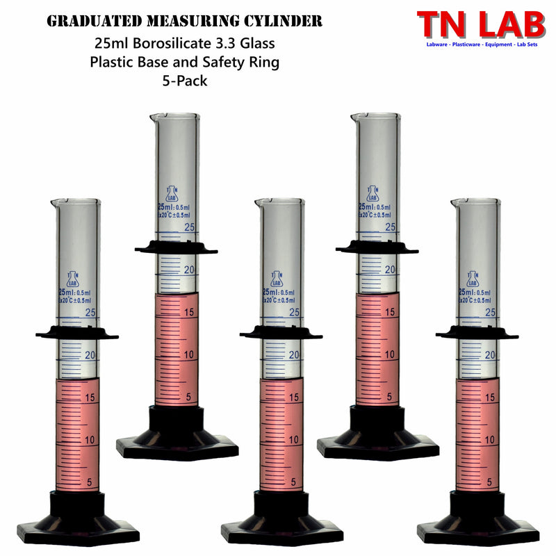 TN LAB Supply 25ml Graduated Measuring Cylinder Borosilicate 3.3 Glass 5-Pack