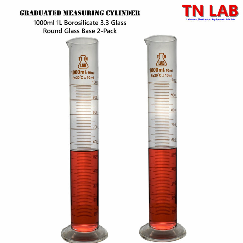 TN LAB Supply 1000ml 1L Graduated Measuring Cylinder Borosilicate 3.3 Glass Base 2-Pack