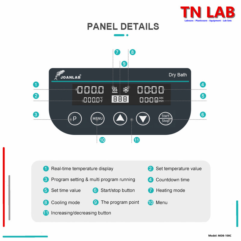 TN LAB Supply MDB-100C Mini Dry Bath Incubator Digital Control with Heating and Cooling Joanlab Labfish  Panel Details