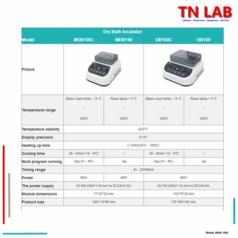 TN LAB Supply MDB-100C Mini Dry Bath Incubator Digital Control with Heating and Cooling Joanlab Labfish Specifications