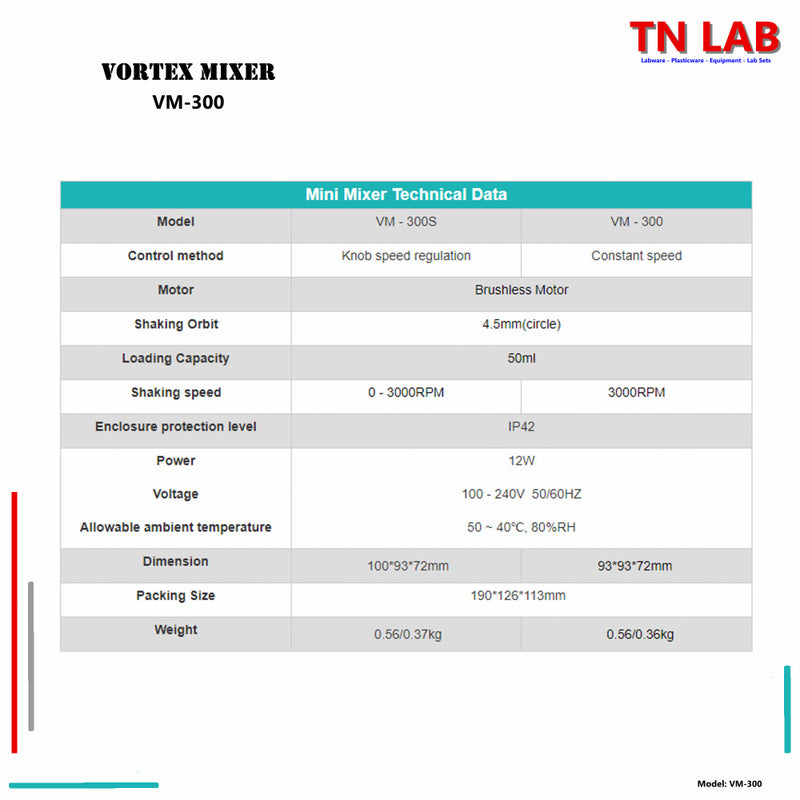 TN LAB Supply VM-300 Mini Vortex Mixer VM300 Joanlab Labfish Technical Details