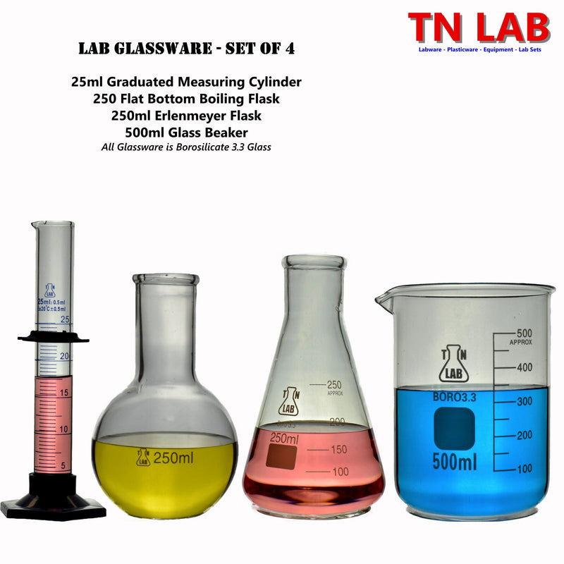 TN LAB Supply Lab Set of 4, 500ml Beaker - 250ml Erlenmeyer Flask - 250ml Flat Bottom Boiling Flask - 25ml Graduated Measuring Cylinder