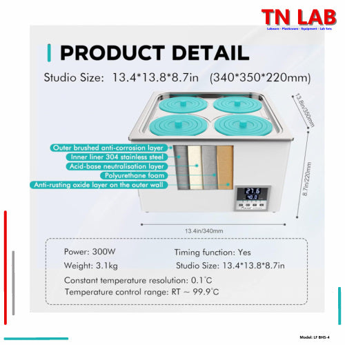 TN LAB Supply BHS-4 Laboratory Water Bath Digital Control Quad Hole Joanlab Labfish Product Details