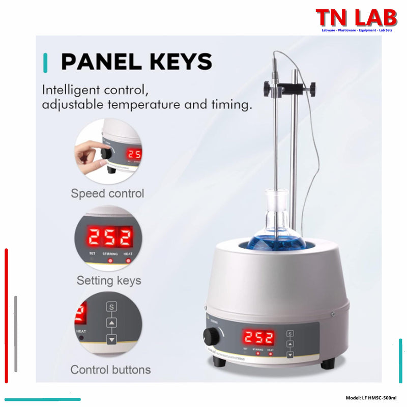 TN LAB Supply LabFish HMSC-500ml Heating Mantel 500ml Magnetic Stir with Digital Temperature Probe Panel Keys