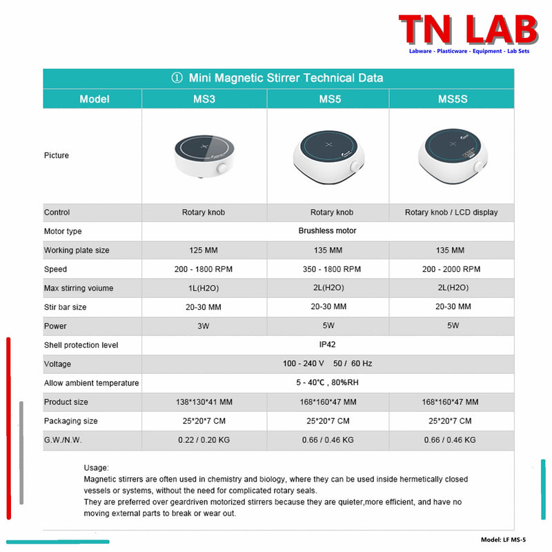 TN LAB Supply MS-5 Magnetic Stirrer 3Liters Steady Smooth Operation Labfish Joanlab Specifications