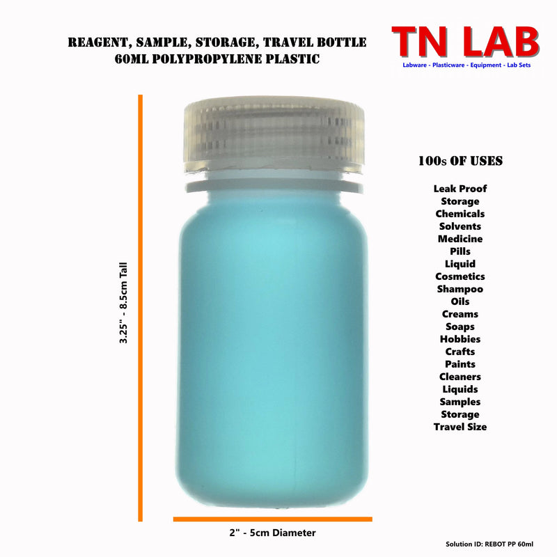 TN LAB Supply 60ml Reagent Storage Bottle Dimensions Polypropylene with Cap REBOT PP 60ml