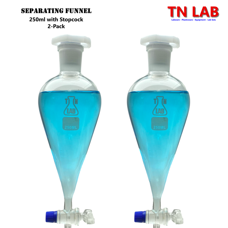 TN Lab Supply 250ml Separating Funnel with Stopcock Borosilicate 3.3 Glass 2-Pack