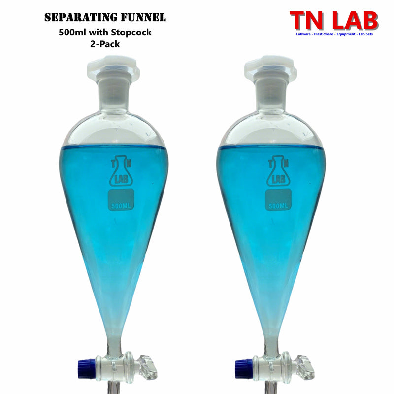 TN LAB Supply 500ml Separating Funnel with Stopcock Borosilicate 3.3 Glass 2-Pack