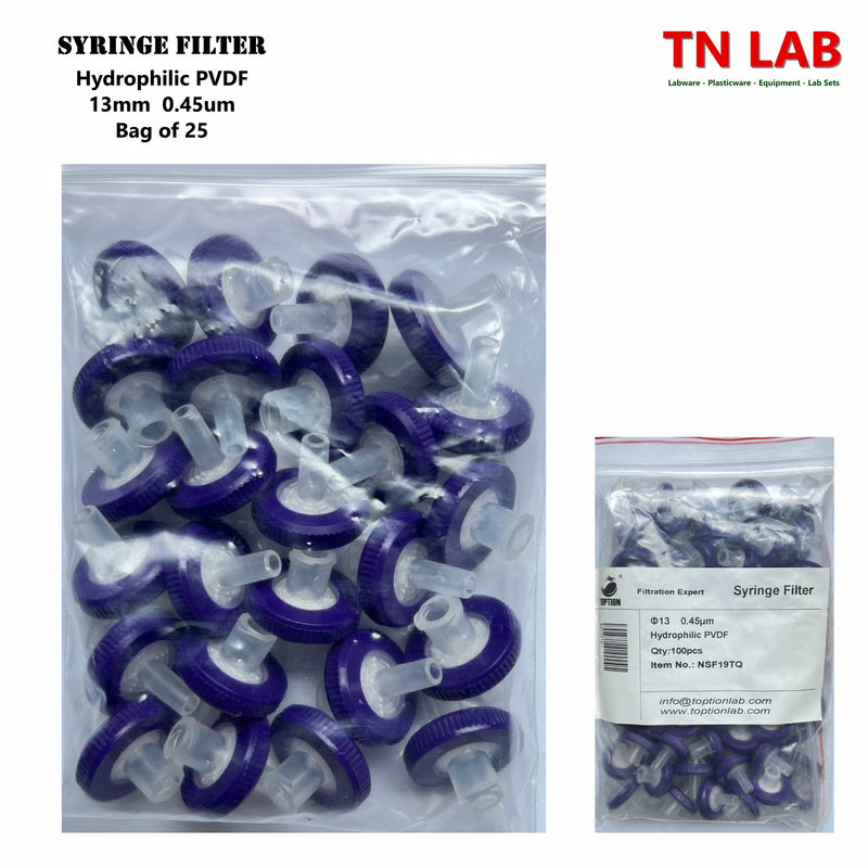 TN LAB Supply Syringe Filter 13mm Diameter PVDF Pore Size 0.45m Bag of 25