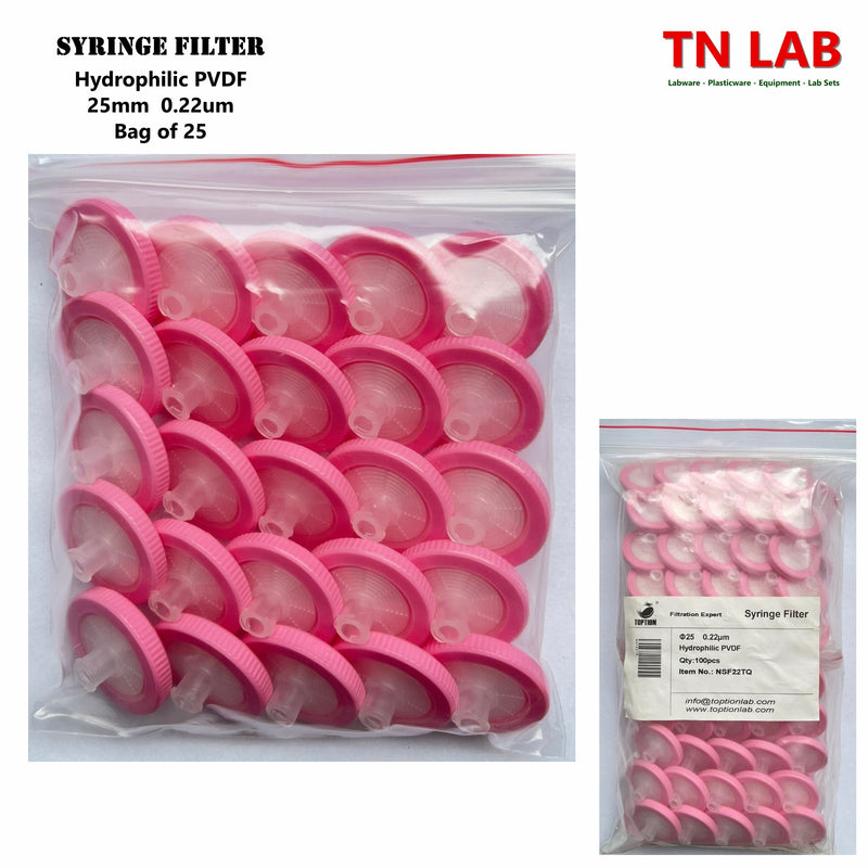 TN LAB Supply Syringe Filter 25mm Diameter Hydrophilic PVDF Pore Size 0.22m Bag of 25