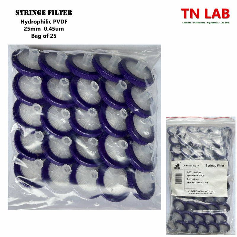 TN LAB Supply Syringe Filter 25mm Diameter Hydrophilic PVDF Pore Size 0.45um Bag of 25