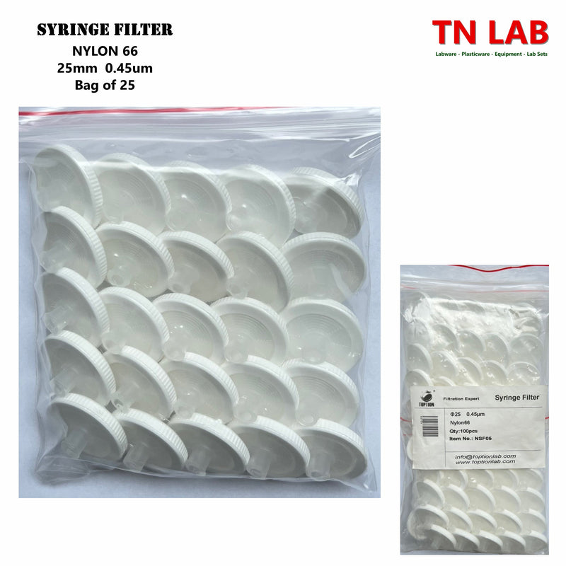 TN LAB Supply Syringe Filter 25mm Diameter NYLON66 Pore Size 0.45um Bag of 25