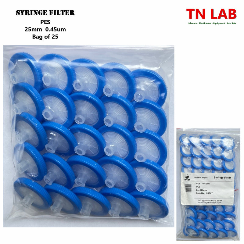 TN LAB Supply Syringe Filter 25mm Diameter PES Pore Size 0.45um Bag of 25