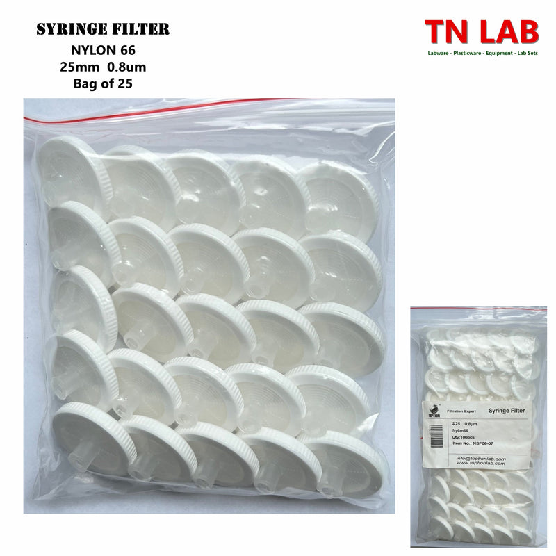 TN LAB Supply Syringe Filter 25mm Diameter NYLON66 Pore Size 0.8um Bag of 25