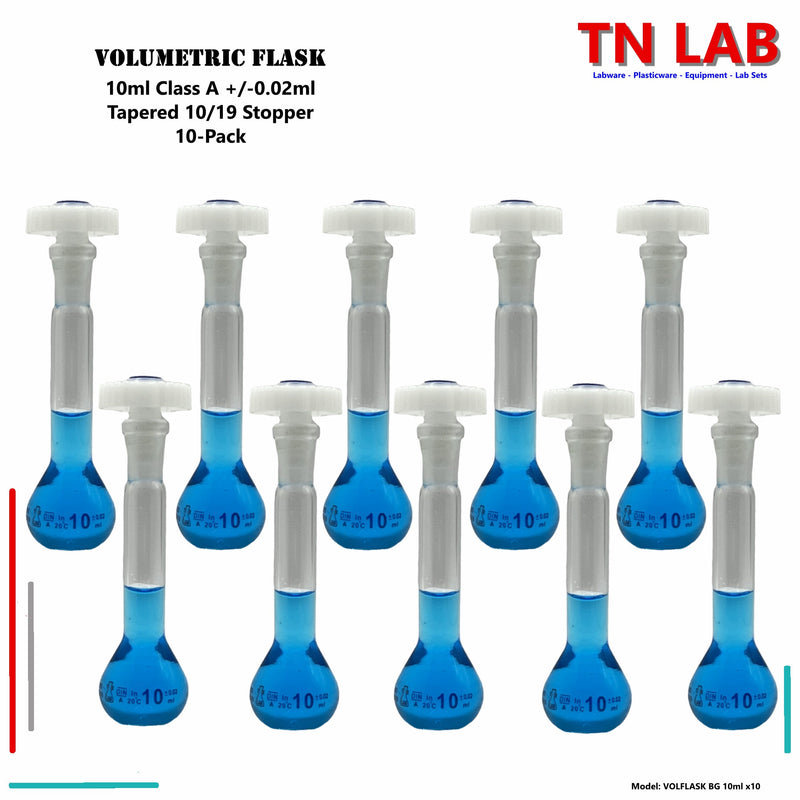 TN LAB Supply Volumetric Flask Borosilicate 3.3 Glass 10ml Class A Tapered Stopper 10-Pack