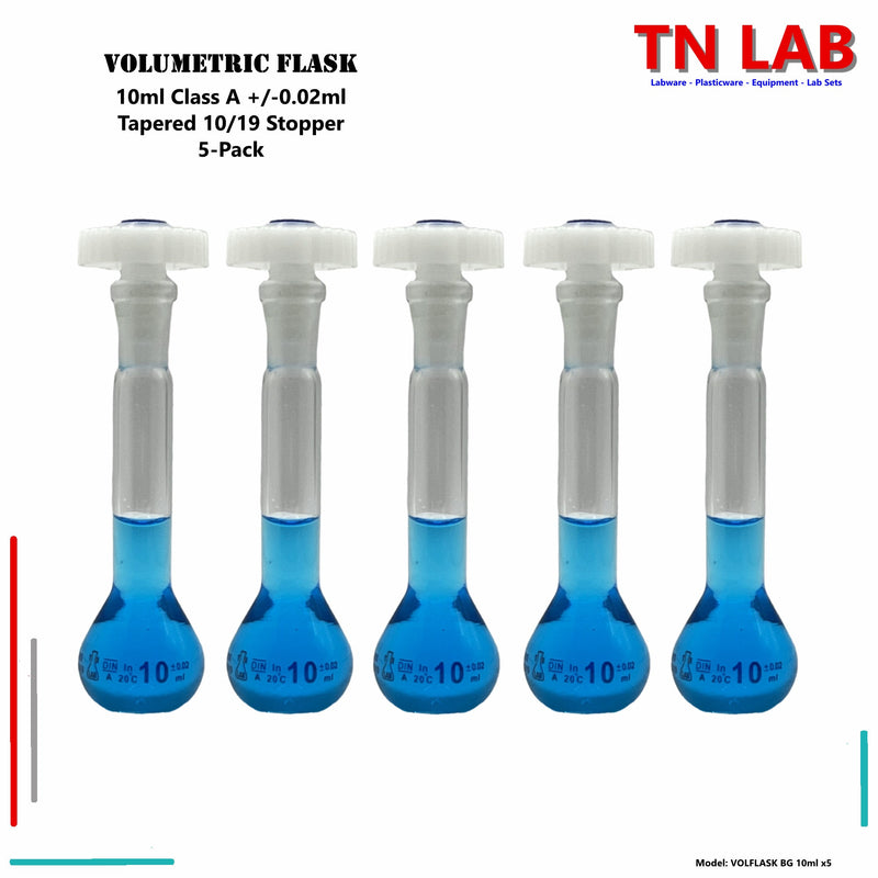 TN LAB Supply Volumetric Flask Borosilicate 3.3 Glass 10ml Class A Tapered Stopper 5-Pack