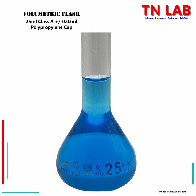 TN LAB Supply Volumetric Flask Borosilicate 3.3 Glass 25ml Class A Polypropylene Cap Close Up