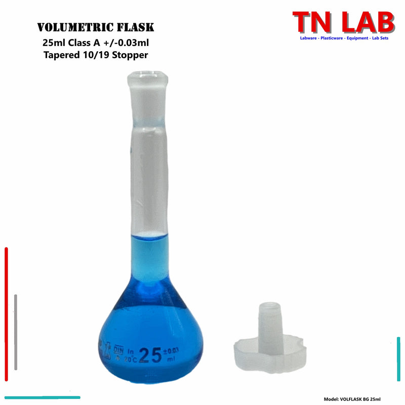 TN LAB Supply Volumetric Flask Borosilicate 3.3 Glass 25ml Class A Tapered Stopper