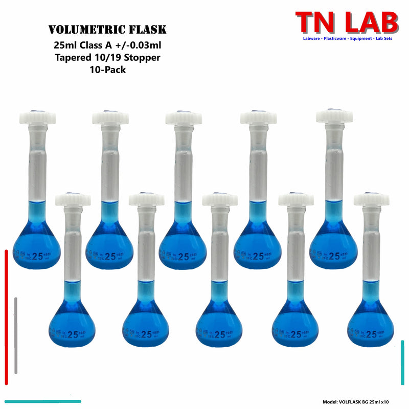 TN LAB Supply Volumetric Flask Borosilicate 3.3 Glass 25ml Class A Tapered Stopper 10-Pack