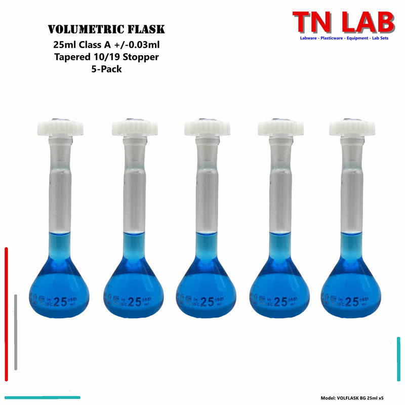 TN LAB Supply Volumetric Flask Borosilicate 3.3 Glass 25ml Class A Tapered Stopper 5-Pack