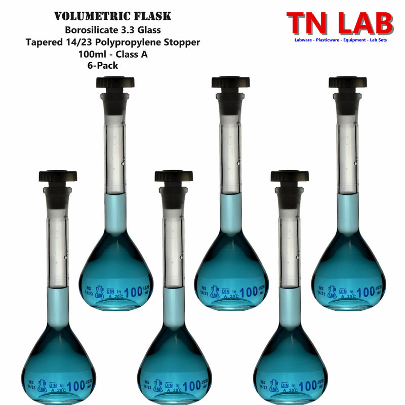 TN LAB Supply 100ml Volumetric Flask Class A Borosilicate 3.3 Glass 6-Pack