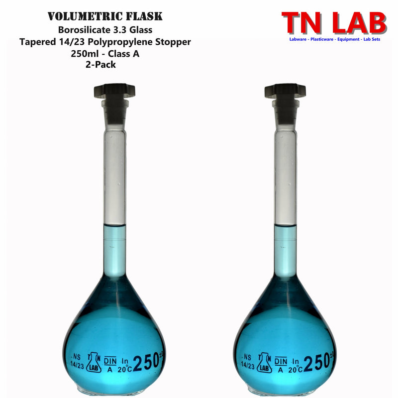 TN LAB Supply 250ml Volumetric Flask Class A Borosilicate 3.3 Glass 2-Pack