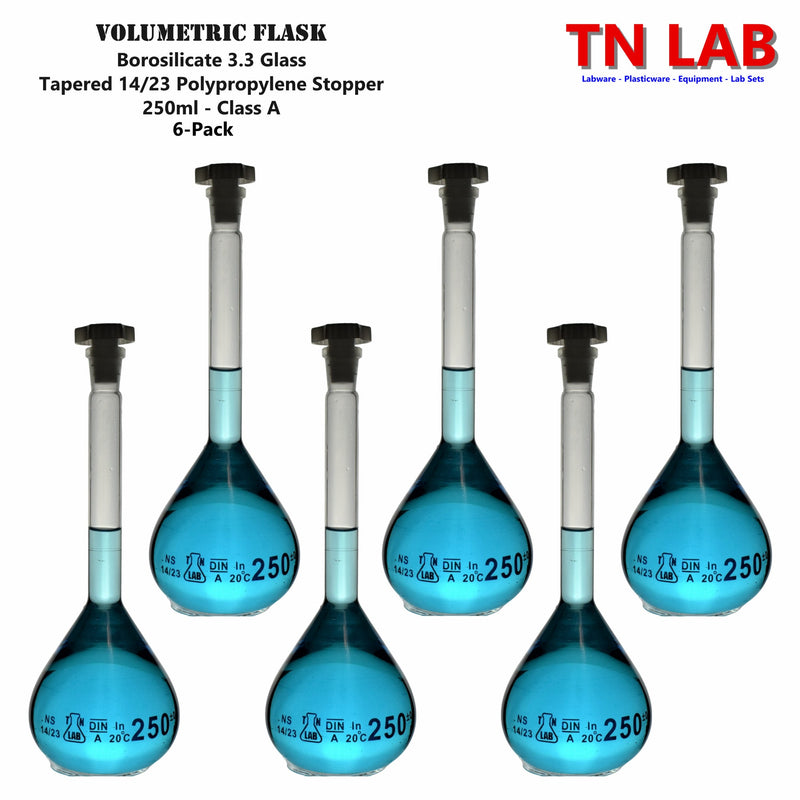 TN LAB Supply 250ml Volumetric Flask Class A Borosilicate 3.3 Glass 6-Pack
