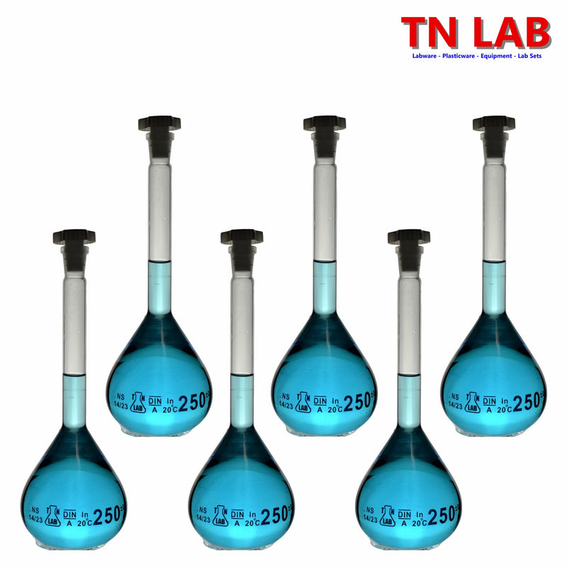 TN LAB Supply 250ml Volumetric Flask Class A Borosilicate 3.3 Glass 6-Pack