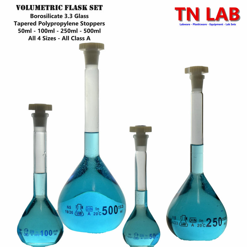 TN LAB Supply Volumetric Flask Set-of-4 Flasks 50ml-100ml-250ml-500ml Borosilicate 3.3 Glass Class A