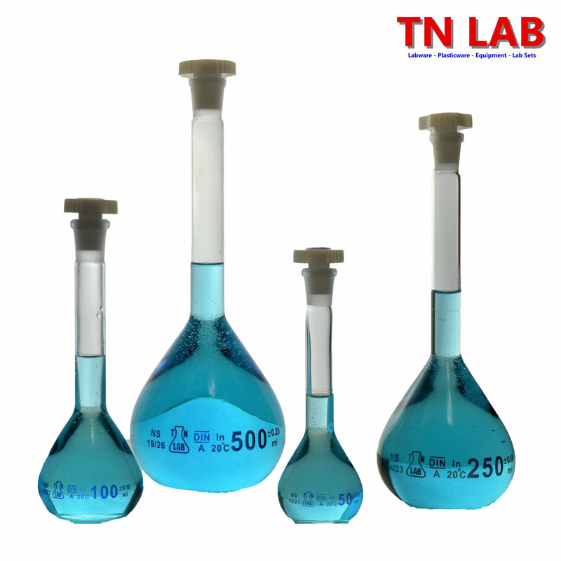 TN LAB Supply Volumetric Flask Set-of-4 Flasks 50ml-100ml-250ml-500ml Borosilicate 3.3 Glass Class A