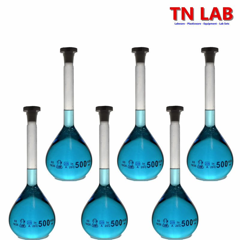 TN LAB Supply 500ml Volumetric Flask Class A Borosilicate 3.3 Glass 6-Pack