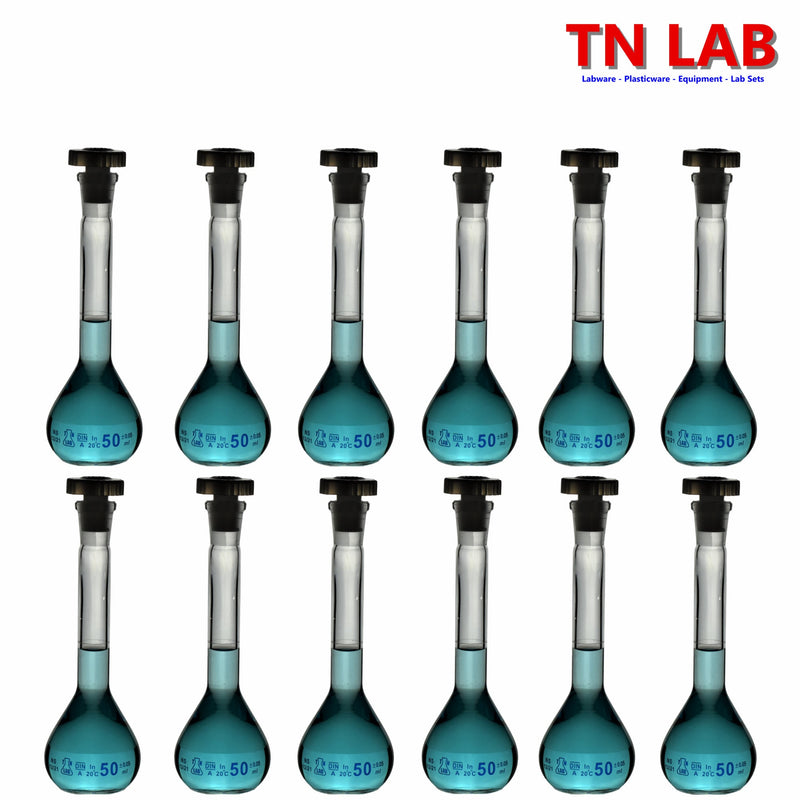 TN LAB Supply 50ml Volumetric Flask Class A Borosilicate 3.3 Glass 12-Pack