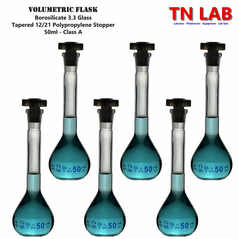 TN LAB Supply 50ml Volumetric Flask Class A Borosilicate 3.3 Glass 6-Pack