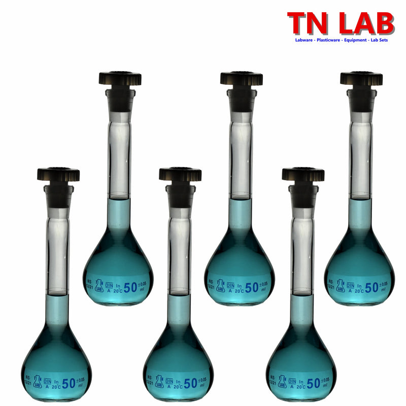 TN LAB Supply 50ml Volumetric Flask Class A Borosilicate 3.3 Glass 6-Pack