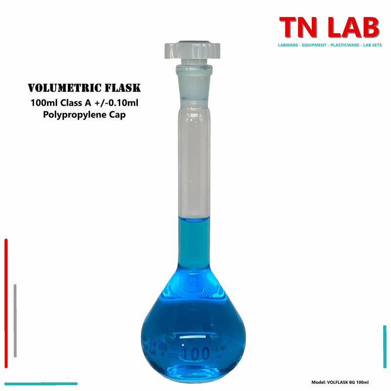 TN LAB Supply Volumetric Flask Borosilicate 3.3 Glass 100ml Class A 0.10ml Accuracy