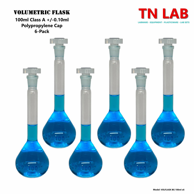 TN LAB Supply Volumetric Flask Borosilicate 3.3 Glass 100ml Class A 0.10ml Accuracy 6-Pack