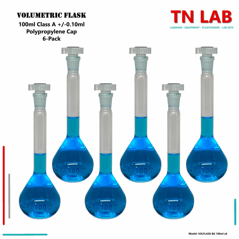 TN LAB Supply Volumetric Flask Borosilicate 3.3 Glass 100ml Class A 0.10ml Accuracy 6-Pack