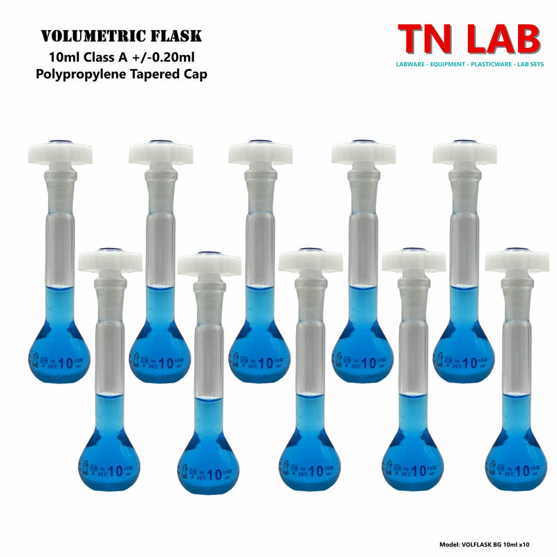 TN LAB Supply Volumetric Flask Borosilicate 3.3 Glass 10ml Class A Tapered Stopper 10-Pack