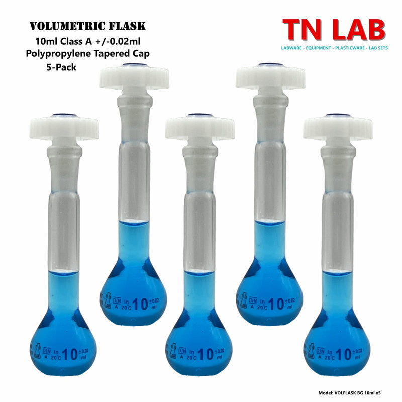 TN LAB Supply Volumetric Flask Borosilicate 3.3 Glass 10ml Class A Tapered Stopper 5-Pack