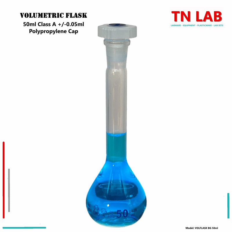 TN LAB Supply Volumetric Flask 50ml Class A Borosilicate 3.3 Glass Jointed with Cap