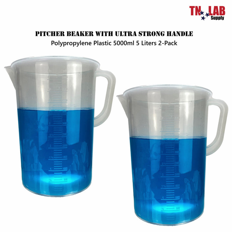 TN LAB Supply Pitcher Beaker Polypropylene Plastic 5000ml 5 Liters 2-Pack